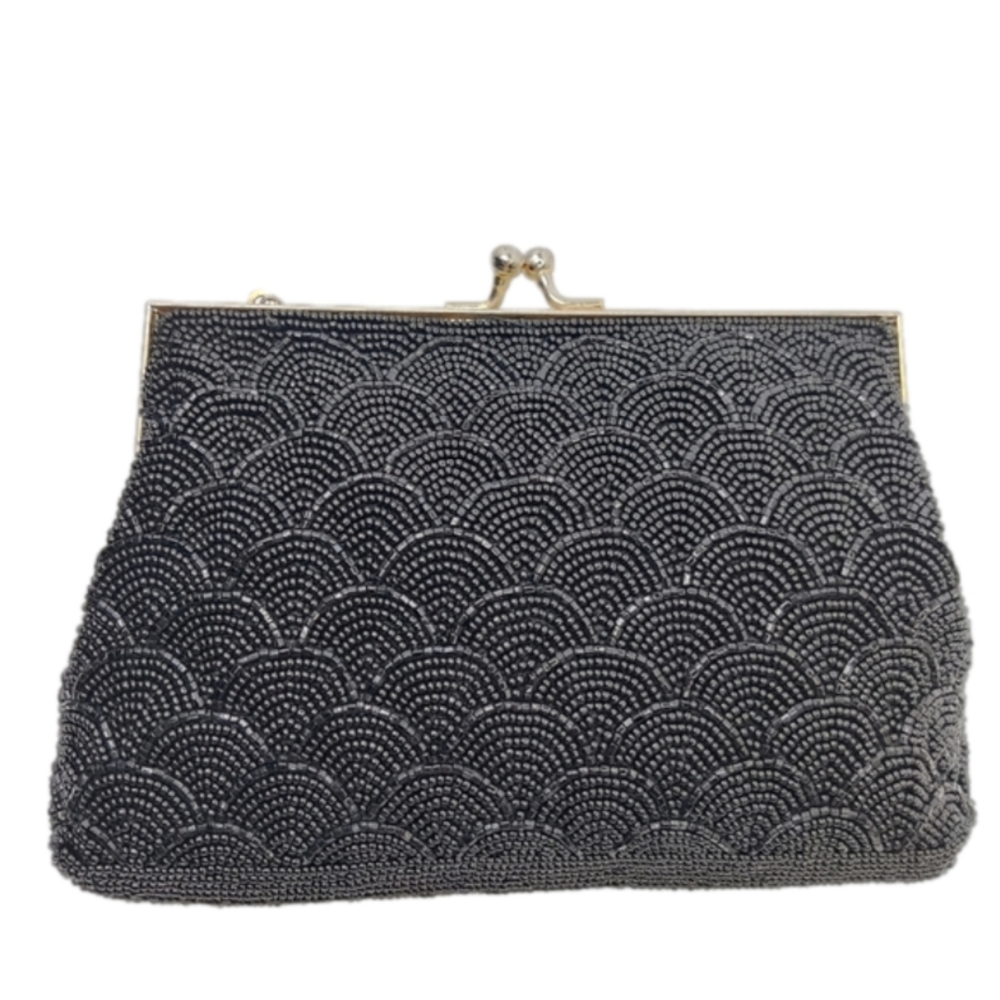 Vintage Beaded Clutch Handbag Pure Black, Satin Lining Chain Pocket Clasp Top
